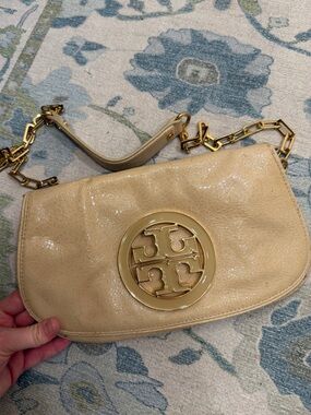 Tory Burch Shimmery Beige Leather Crossbody with Gold Logo